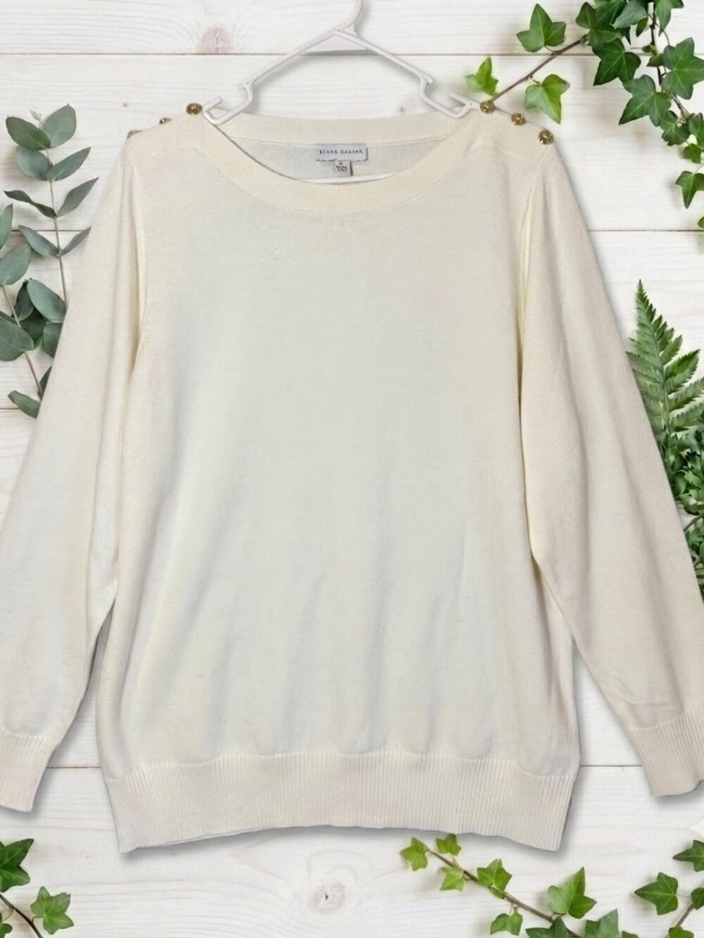 Susan Graver Sweater XL Boat Neck Gold Button Shoulder Winter White Cozy